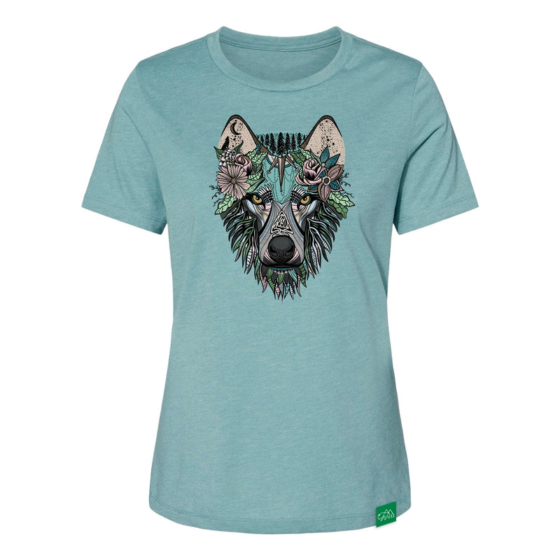 Wild Tribute Boho Wolf Womens T-Shirt Heather Blue Lagoon SM – Jersey