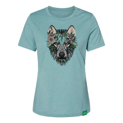 Wild Tribute Boho Wolf Womens T-Shirt Heather Blue Lagoon SM