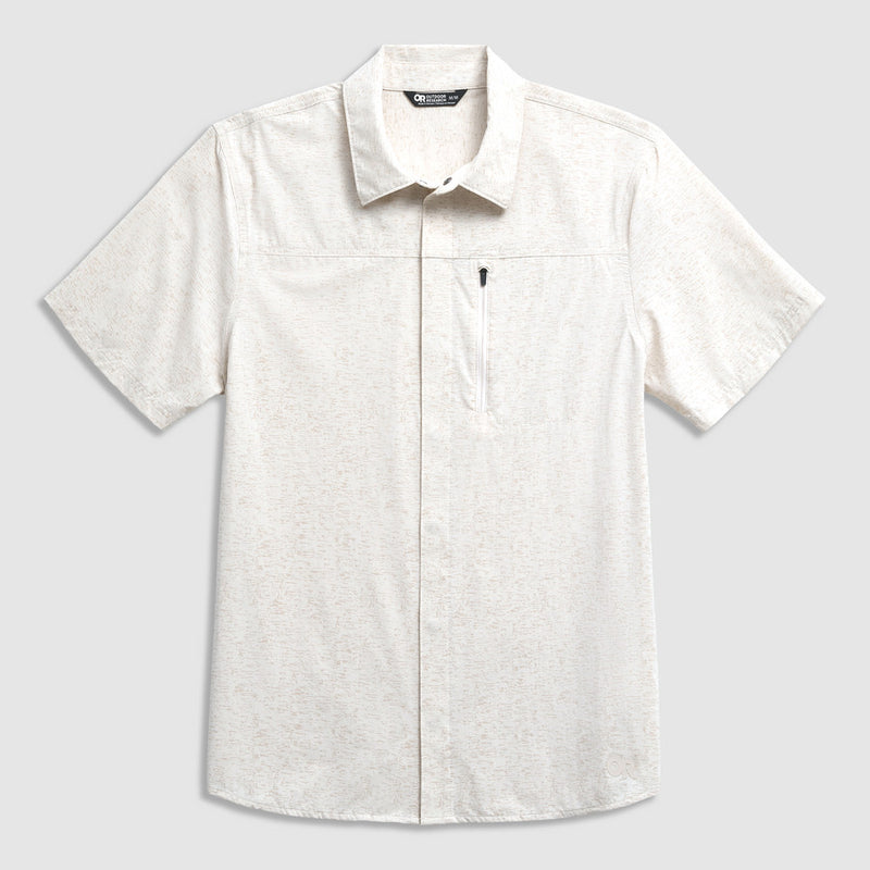 Outdoor Research Men's Astroman Short Sleeve Sun Shirt Oyster Tamarack Print M – Jersey